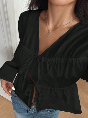 EZwear Women's Casual Black Woven Tie Front Shirt, Autumn