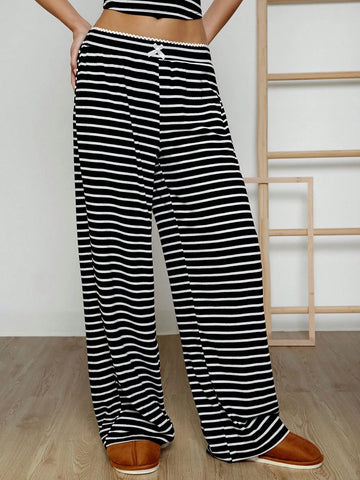 EZwear Women's Casual Black & White Striped Knit Pants