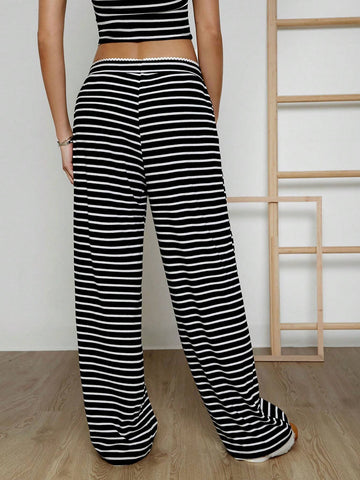 EZwear Women's Casual Black & White Striped Knit Pants