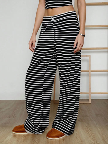 EZwear Women's Casual Black & White Striped Knit Pants