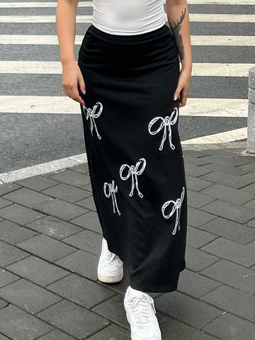 EZwear Women's Casual Butterfly Print Long Skirt, For Autumn & Summer