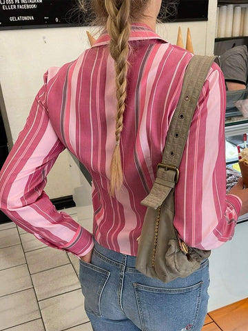 EZwear Women's Casual Colorblock Striped Blouse, Spring Autumn
