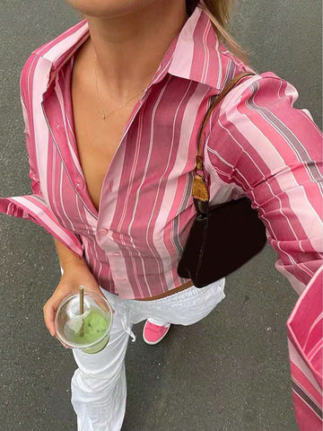 EZwear Women's Casual Colorblock Striped Blouse, Spring Autumn