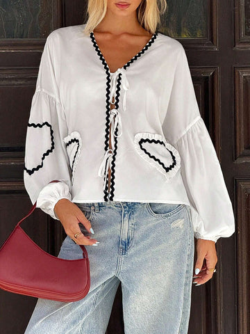 EZwear Women's Casual Contrast Tape Patchwork Blouse, Spring/Autumn