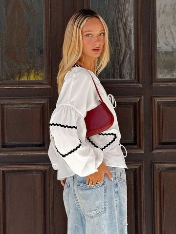 EZwear Women's Casual Contrast Tape Patchwork Blouse, Spring/Autumn