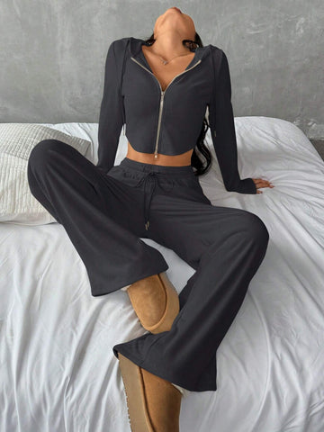 Women's Casual Cropped Hoodie And Cinched Waist Zipper Closure Long Pants Sports Suit