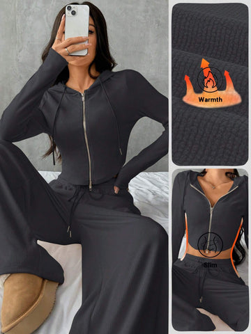 Women's Casual Cropped Hoodie And Cinched Waist Zipper Closure Long Pants Sports Suit