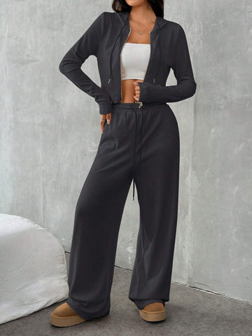 Women's Casual Cropped Hoodie And Cinched Waist Zipper Closure Long Pants Sports Suit