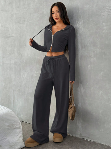 Women's Casual Cropped Hoodie And Cinched Waist Zipper Closure Long Pants Sports Suit