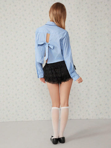 EZwear Women's Casual Fresh Blue & White Striped Backless Bow-Tie Loose Long Sleeve Shirt