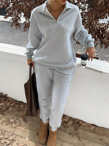 Women's Casual High Neck Zip Half-Placket Loose Fleece Lined Long Sleeve Hoodie Sweatshirt & Jogger Pants Set, Autumn/Winter