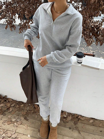Women's Casual High Neck Zip Half-Placket Loose Fleece Lined Long Sleeve Hoodie Sweatshirt & Jogger Pants Set, Autumn/Winter