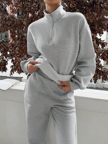 Women's Casual High Neck Zip Half-Placket Loose Fleece Lined Long Sleeve Hoodie Sweatshirt & Jogger Pants Set, Autumn/Winter
