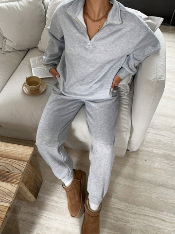 Women's Casual High Neck Zip Half-Placket Loose Fleece Lined Long Sleeve Hoodie Sweatshirt & Jogger Pants Set, Autumn/Winter