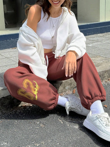 EZwear Women's Casual Letter Print Drawstring Waist Sweatpants