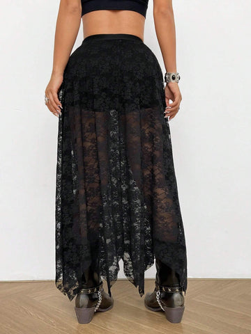 EZwear Women's Casual Long Black Lace Skirt