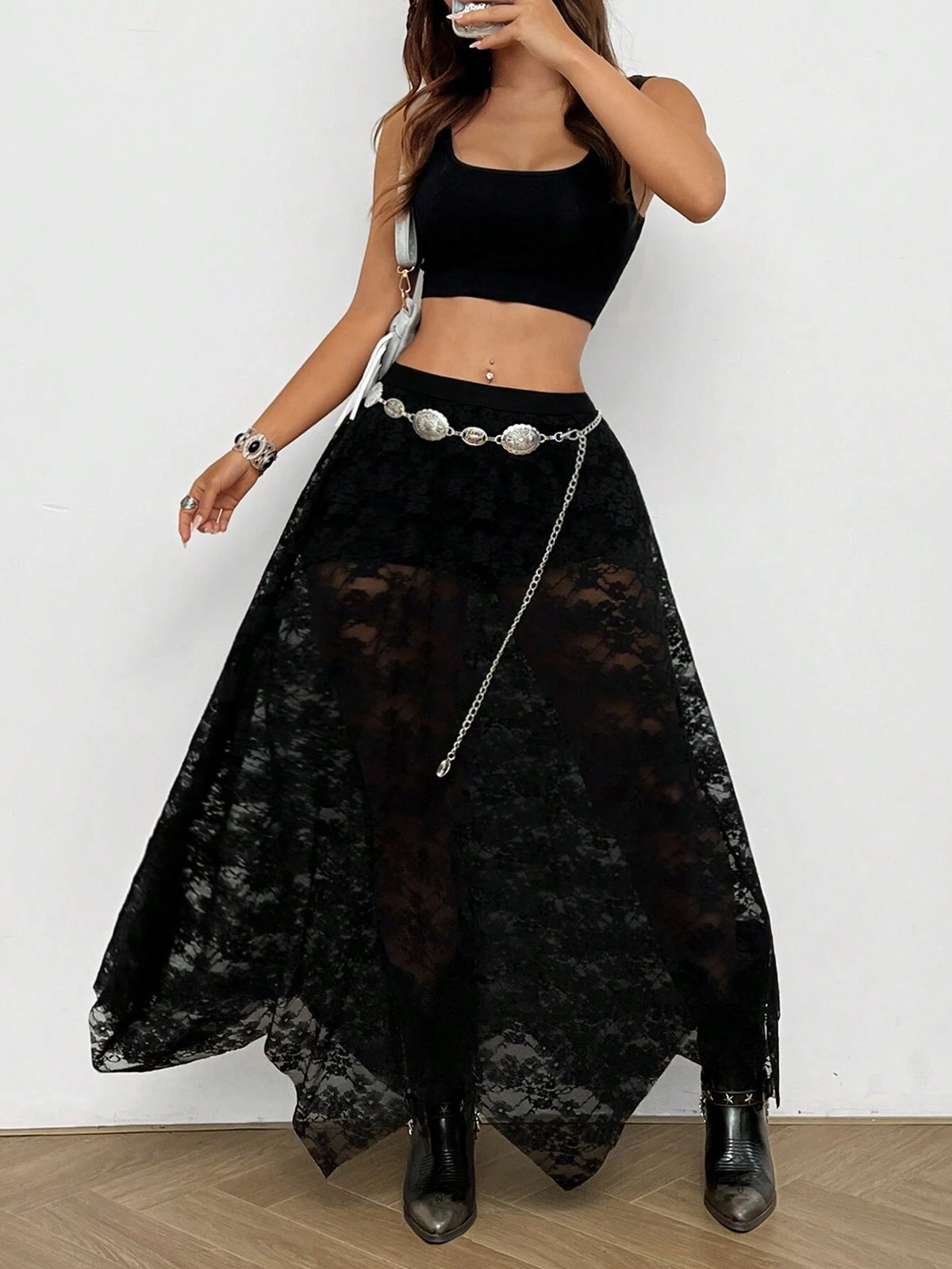 EZwear Women's Casual Long Black Lace Skirt