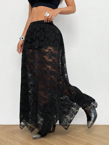 EZwear Women's Casual Long Black Lace Skirt