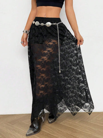 EZwear Women's Casual Long Black Lace Skirt