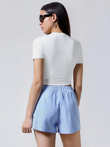 EZwear Women's Casual Loose Blue And White Striped Shorts