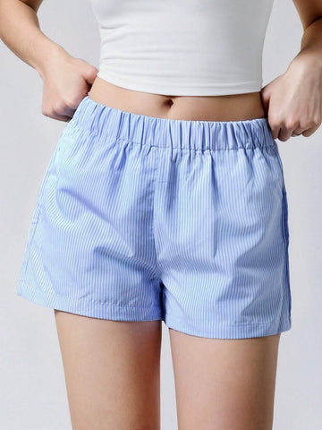 EZwear Women's Casual Loose Blue And White Striped Shorts