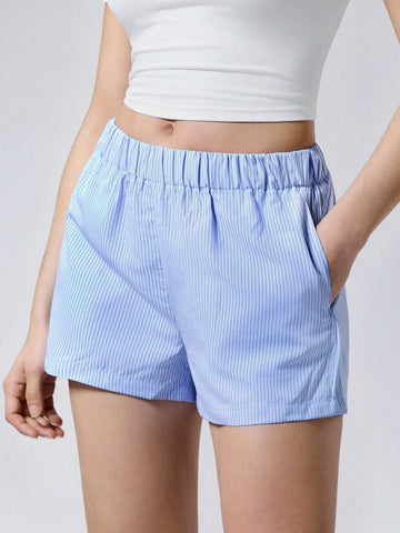 EZwear Women's Casual Loose Blue And White Striped Shorts