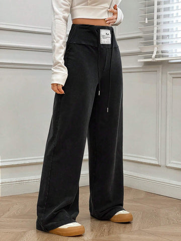 EZwear Women's Casual Loose Drawstring Patch Waist Knit Sweatpants