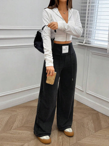 EZwear Women's Casual Loose Drawstring Patch Waist Knit Sweatpants