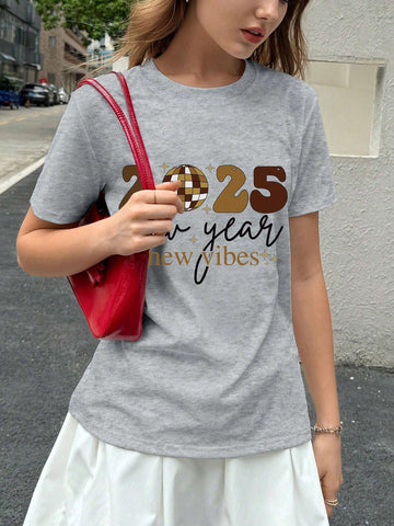 Women's Casual Loose Fitting Slogan Print Round Neck Short Sleeve T-Shirt Graphic Tees Women Tops