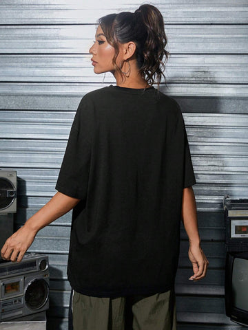 Women's Casual Loose Short Sleeve Cartoon Print Crew Neck T-Shirt, Suitable For Summer