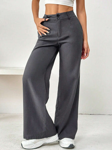 EZwear Women's Casual Loose Straight Wide Leg Trousers With Pockets, Solid Color