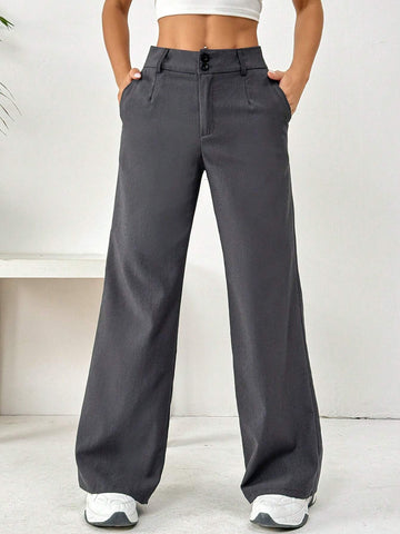 EZwear Women's Casual Loose Straight Wide Leg Trousers With Pockets, Solid Color
