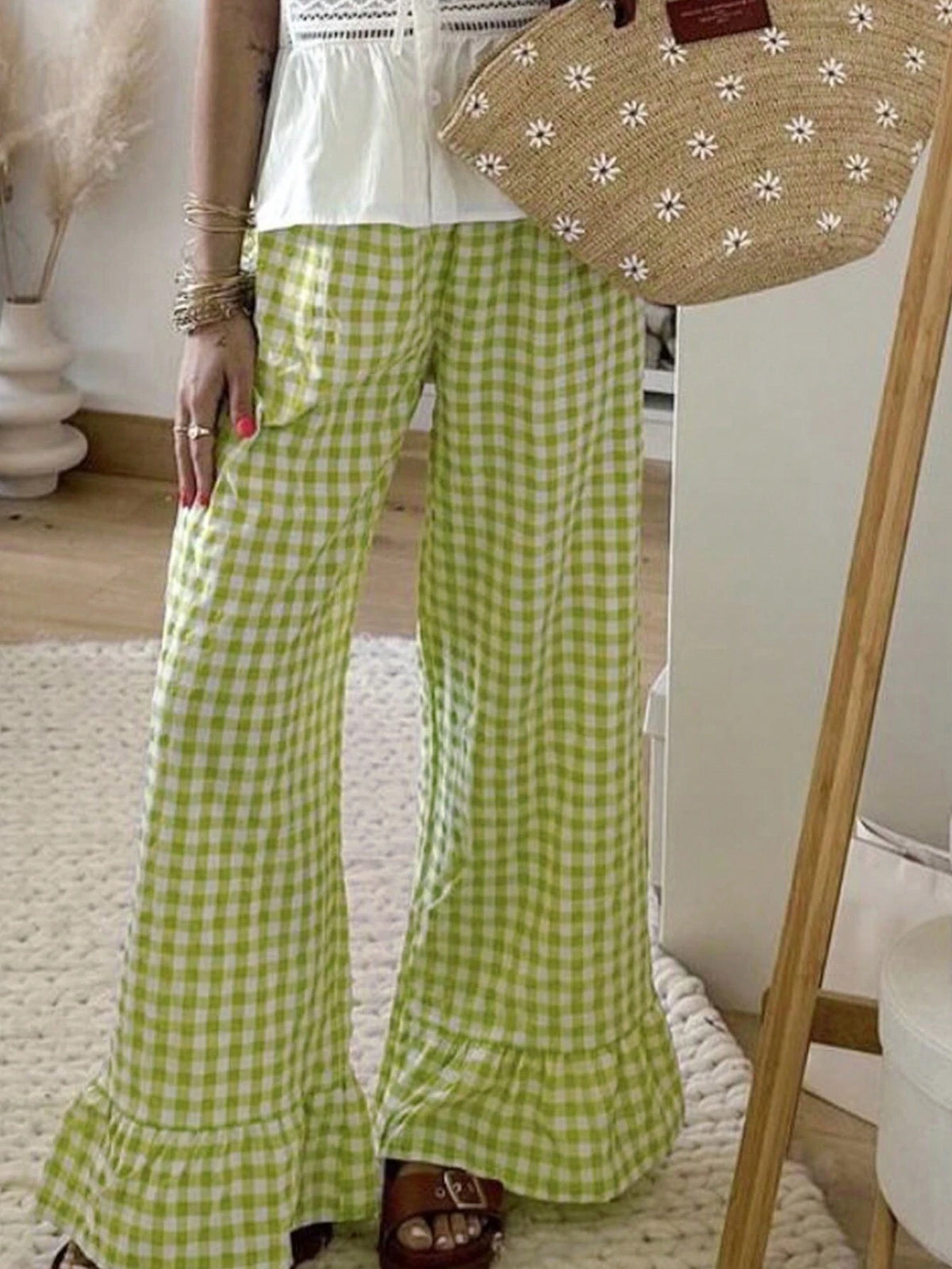 EZwear Women's Casual Plaid Wide Leg Palazzo Pants