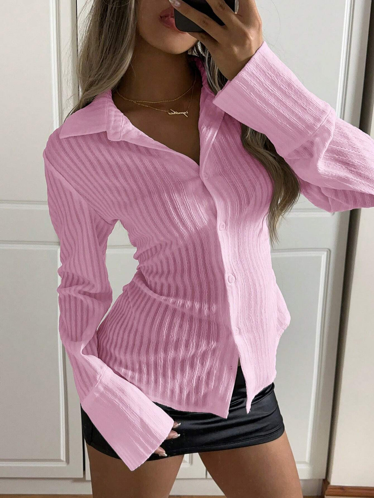 EZwear Women's Casual Plain Textured Waist-Cinched Shirt,