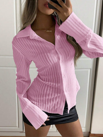 EZwear Women's Casual Plain Textured Waist-Cinched Shirt,