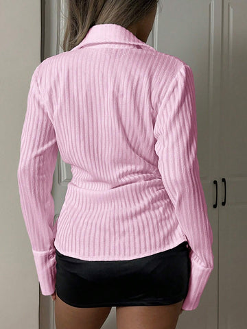 EZwear Women's Casual Plain Textured Waist-Cinched Shirt