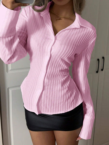 EZwear Women's Casual Plain Textured Waist-Cinched Shirt