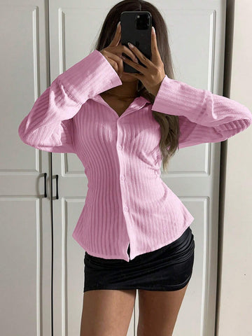 EZwear Women's Casual Plain Textured Waist-Cinched Shirt