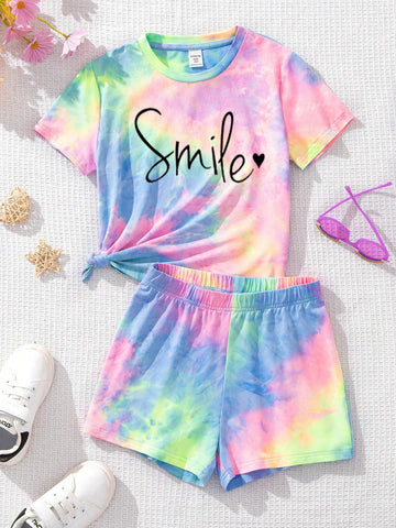 Women's Casual Smile Printed Colorful Tie-Dye T-Shirt And Shorts Set, Suitable For Summer