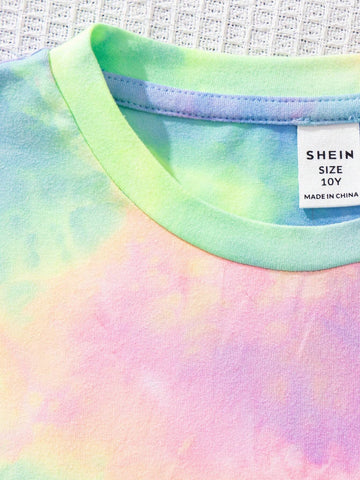 Women's Casual Smile Printed Colorful Tie-Dye T-Shirt And Shorts Set, Suitable For Summer