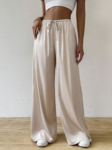 EZwear Women's Casual Solid Color Drawstring Waist Wide Leg Pants