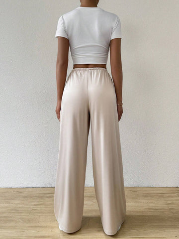 EZwear Women's Casual Solid Color Drawstring Waist Wide Leg Pants