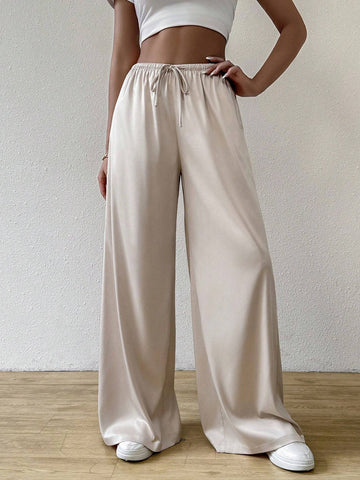 EZwear Women's Casual Solid Color Drawstring Waist Wide Leg Pants