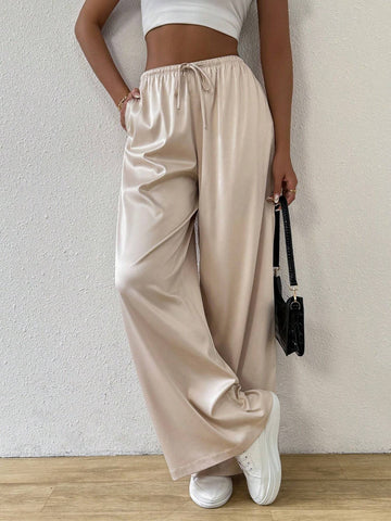 EZwear Women's Casual Solid Color Drawstring Waist Wide Leg Pants