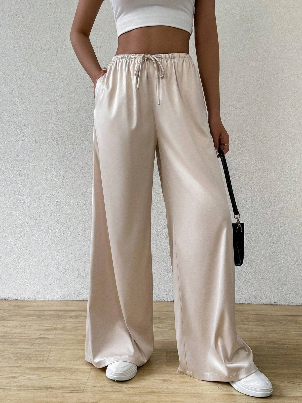EZwear Women's Casual Solid Color Drawstring Waist Wide Leg Pants