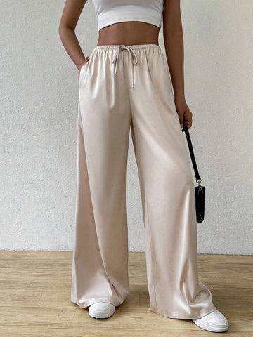 EZwear Women's Casual Solid Color Drawstring Waist Wide Leg Pants