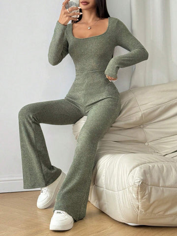 Women's Casual Solid Color Long Sleeve Jumpsuit For Spring And Fall