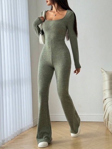 Women's Casual Solid Color Long Sleeve Jumpsuit For Spring And Fall