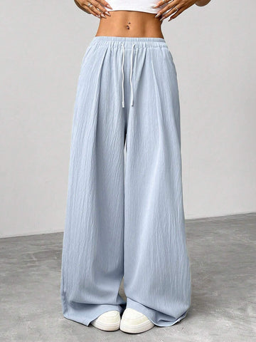 EZwear Women's Casual Solid Color Wide Leg Pants With Drawstring Waist