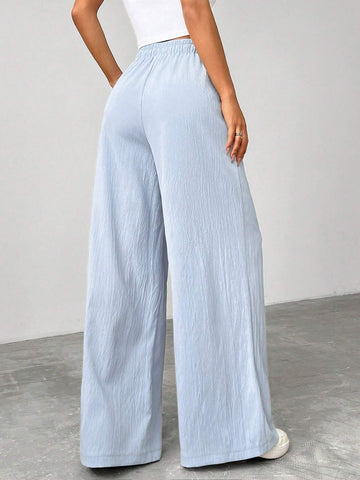 EZwear Women's Casual Solid Color Wide Leg Pants With Drawstring Waist